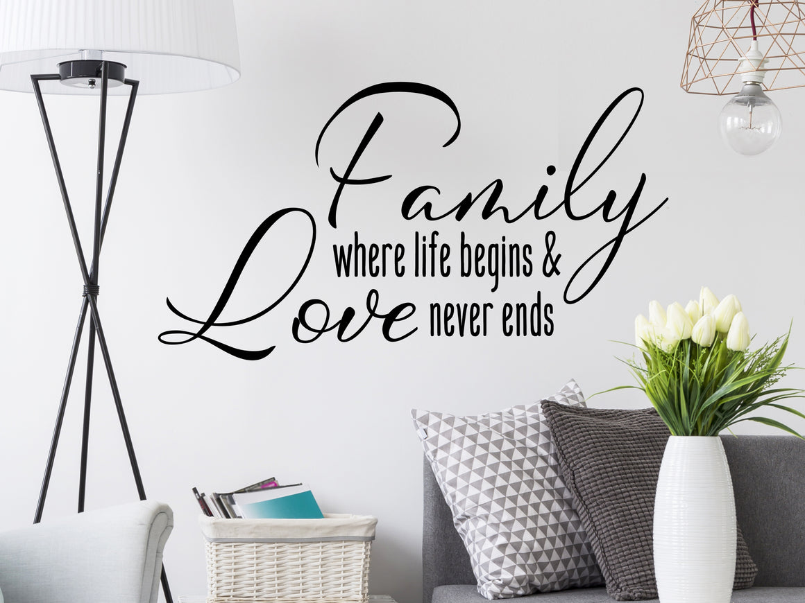 Living room wall decals that say ‘Family where life begins & love never ends’ on a living room wall. 
