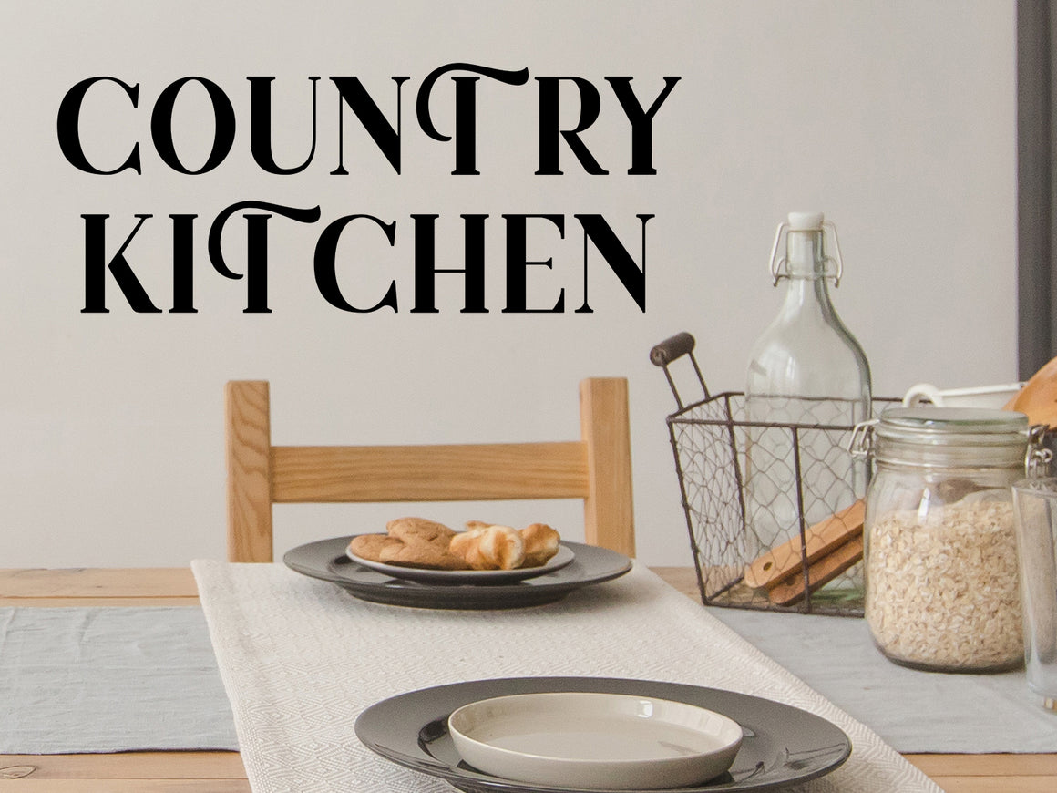 Wall decals for kitchen that say ‘country kitchen’ on a kitchen wall.