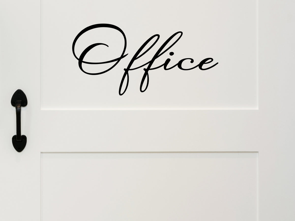 Wall decal for the office that says ‘Office’ in a cursive font  on an office door.
