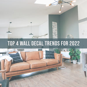 Image of an office space with a green graphic that says, 'Top 4 Wall Decal Trends For 2022.'