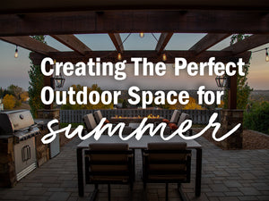 A back porch overlook a sunset view with words over laid that read, 'Creating the perfect outdoor space for summer.'