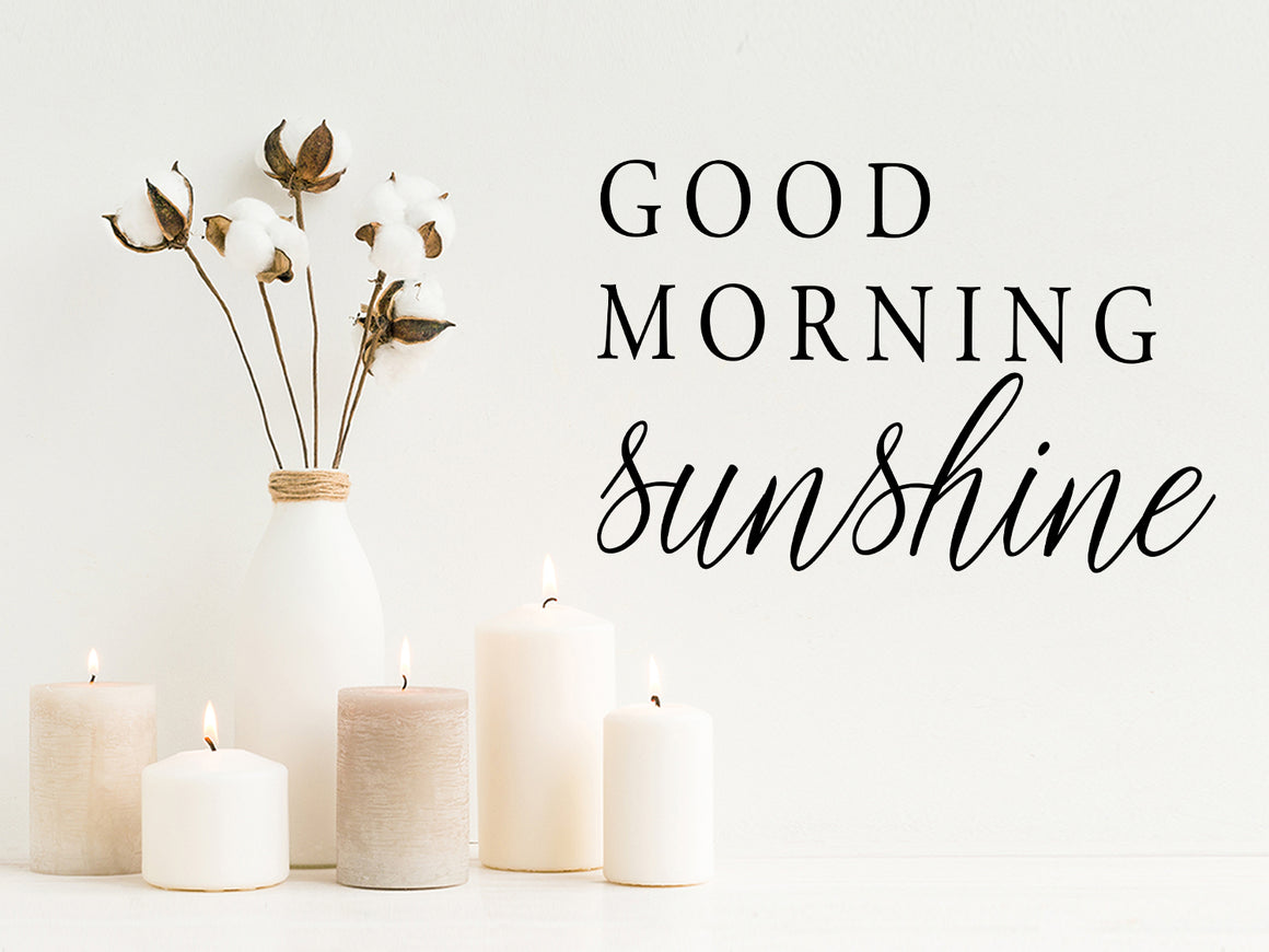 Wall decals for the bathroom that says ‘good morning sunshine’ on a bathroom wall.