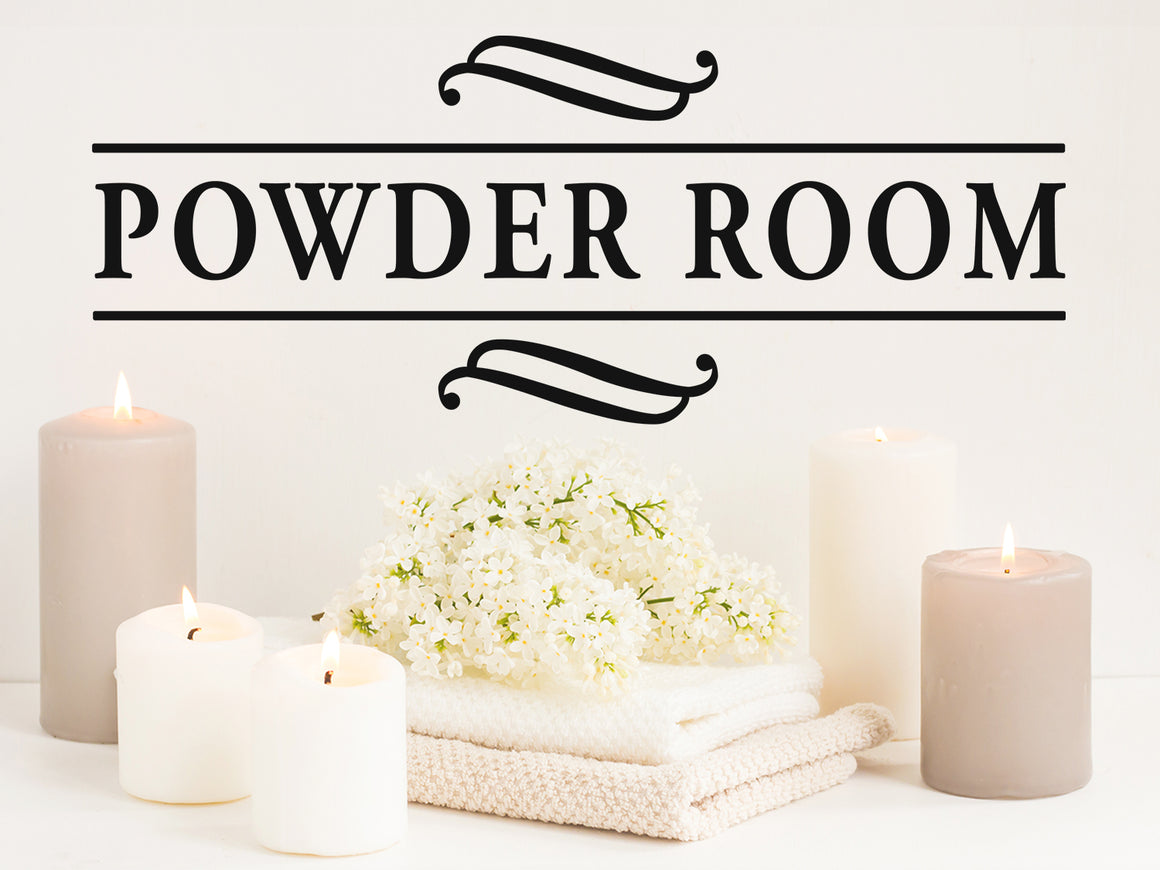 Wall decals for bathroom that say ‘powder room’ on a bathroom wall.