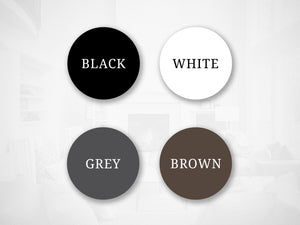 4 circles that say, black, white, grey, brown’ to indicate in what color the vinyl wall decal can be made.