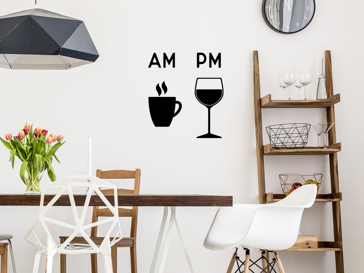 Wall decals for kitchen that says ‘AM Coffee PM Wine’ on a kitchen wall.