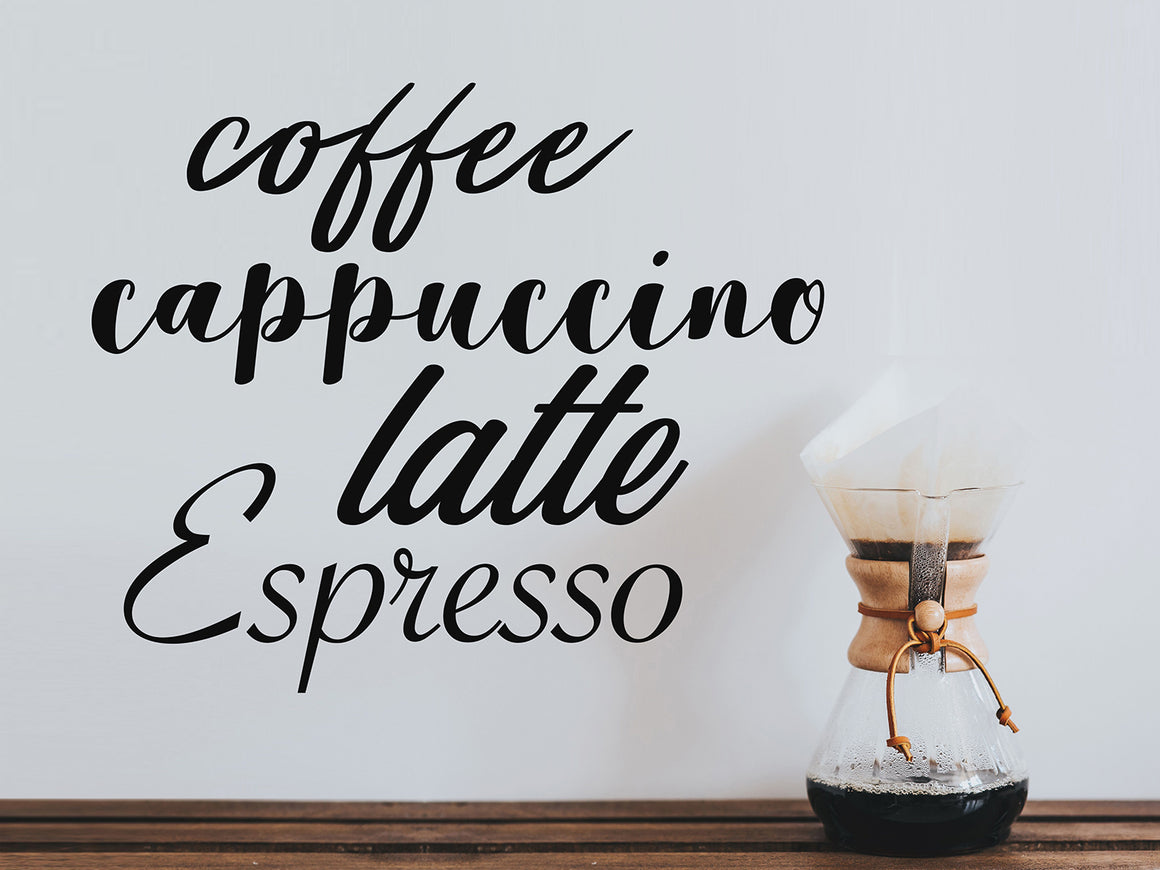 Wall decals for kitchen that say ‘coffee cappuccino latte espresso’ on a kitchen wall.