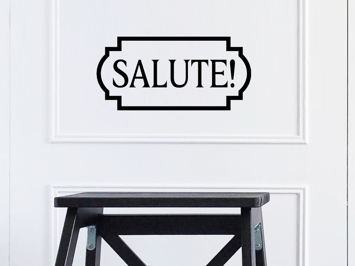 Wall decals for kitchen that say ‘Salute!’ with a plaque design on a kitchen wall.
