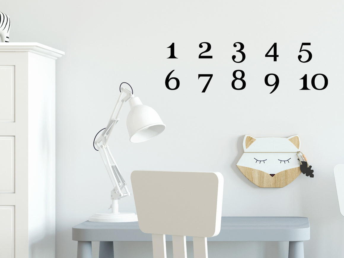 Wall decal for kids that says ‘Numbers (1 - 10)’ stacked on a kid’s room wall. 