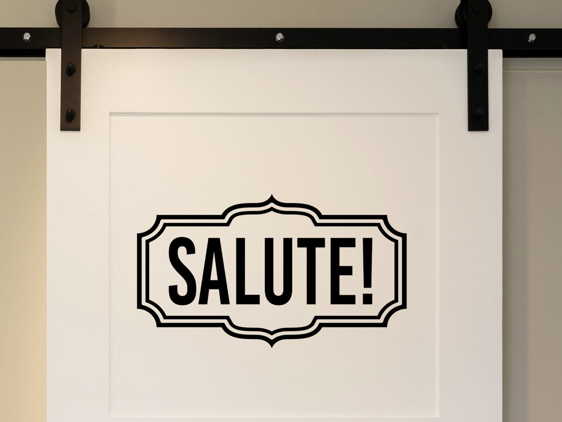 Wall decals for kitchen that say ‘Salute!’ with a scallop design on a kitchen wall.