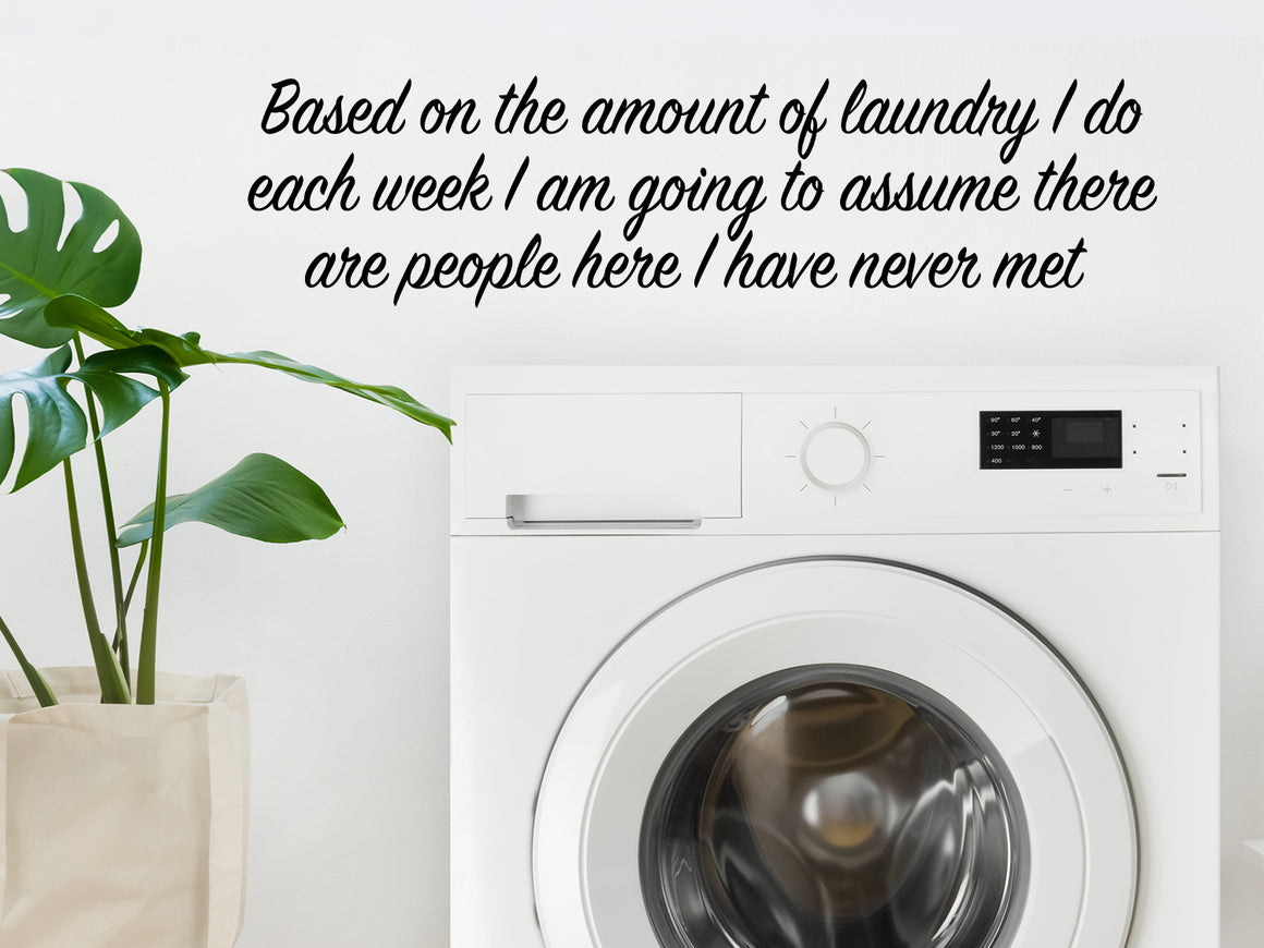 Laundry room wall decal that says ‘Based On The Amount Of Laundry I Do Each Week I Am Going To Assume’ on a laundry room wall