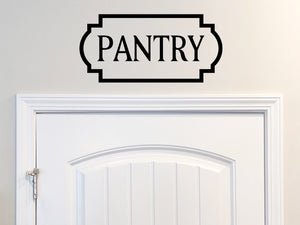 Wall decals for kitchen that say ‘Pantry’ with plaque design on a kitchen wall.