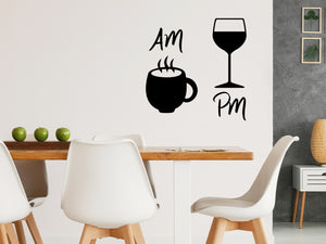 Wall decals for kitchen that say ‘AM Coffee PM Wine’ on a kitchen wall.