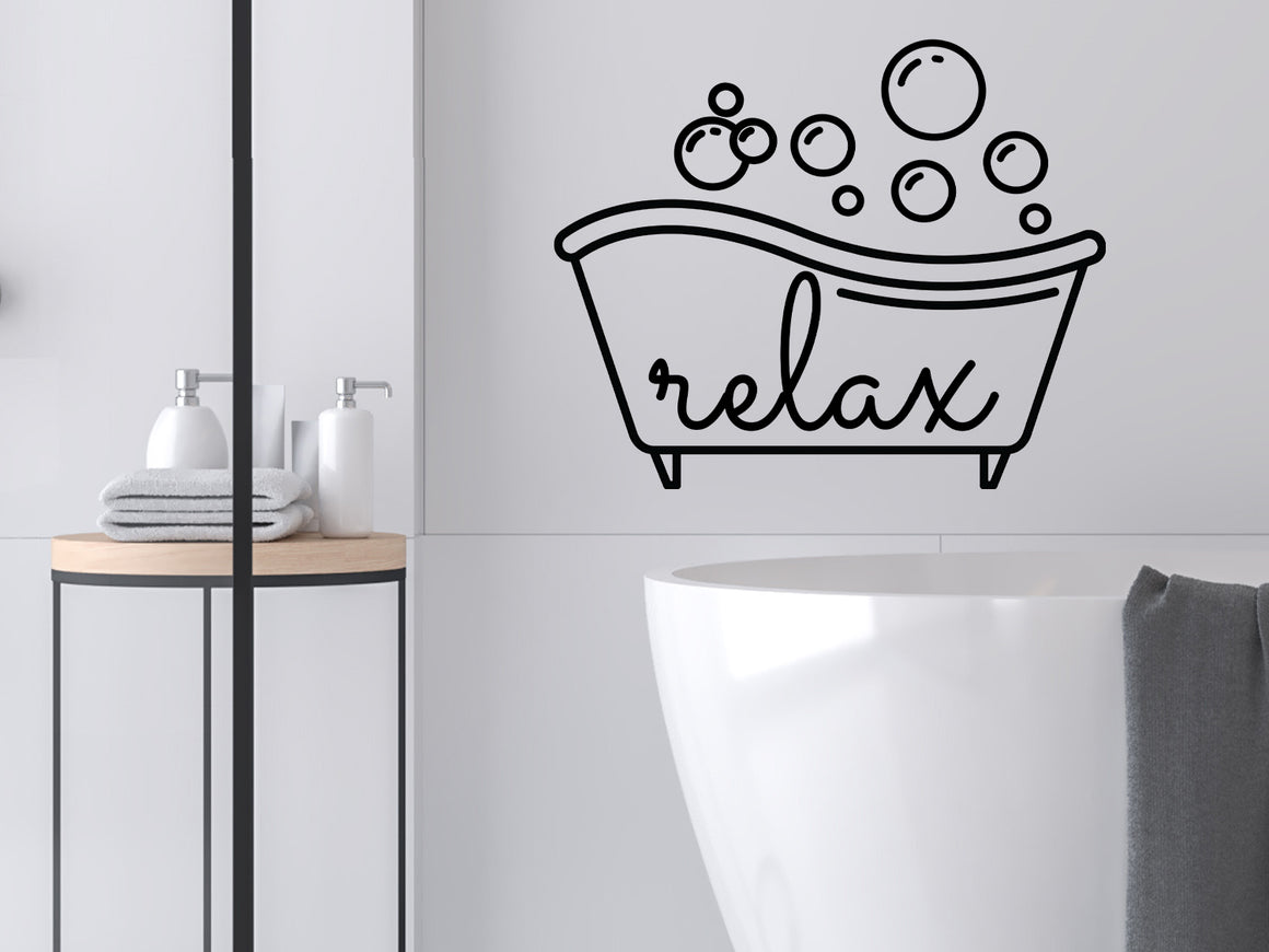 Wall decals for bathroom that say ‘Relax (Bathtub & Bubbles)’ in a modern design on a bathroom wall.