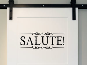 Wall decals for kitchen that say ‘Salute!’ with a ribbon design on a kitchen wall.