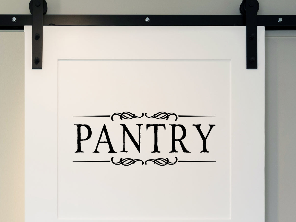 Wall decals for kitchen that say ‘Pantry’ with a ribbon design on a kitchen wall.